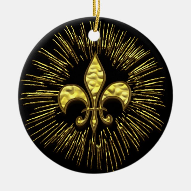 Black och Guld Fleur de Lis Fireworks Ornament (Framsidan)