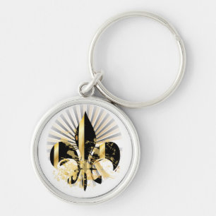 Black och Guld Fleur de Lis Rund Silverfärgad Nyckelring