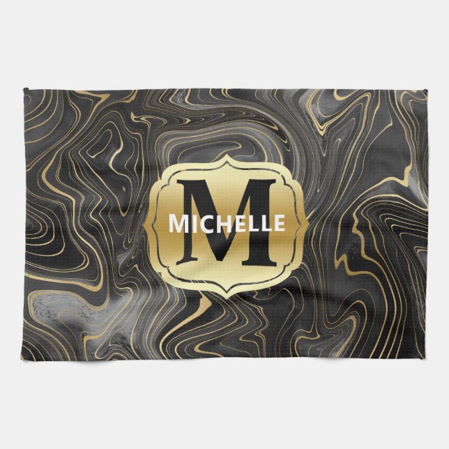 Black och Guld Geode Strata Struktur Kökshandduk (Horisontell)
