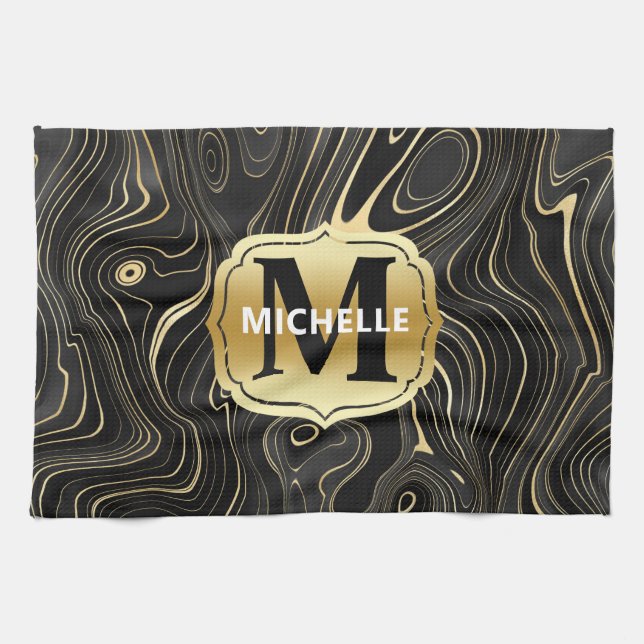 Black och Guld Geode Strata Struktur Kökshandduk (Horisontell)