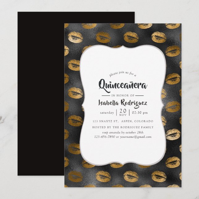 Black och Guld Glam Läppar Mönster Quinceañera Inbjudningar (Fram/baksida)