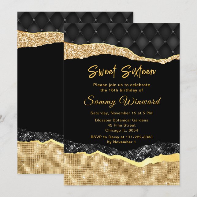 Black och Guld Glam Tårar Sweet sixteen Inbjudningar (Fram/baksida)