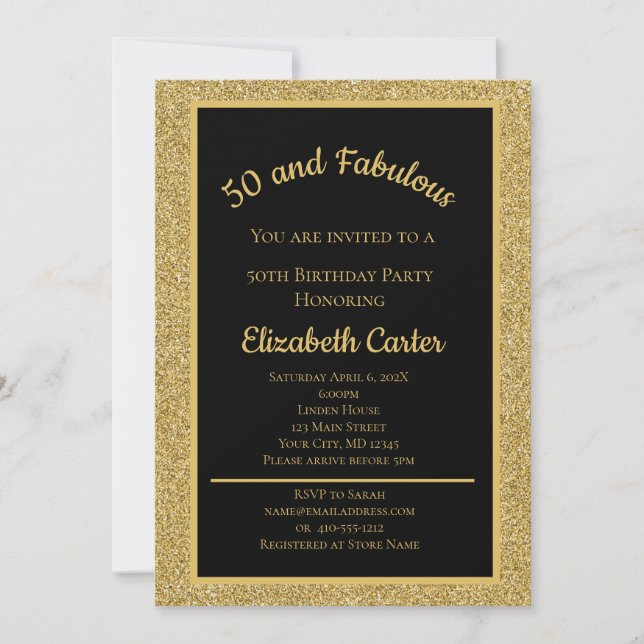 Black och Guld Glitter 50 och Fabulous Birthday (Framsida)