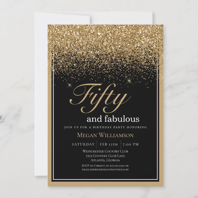 Black och Guld Glitter 50 och Fabulous Birthday Inbjudningar (Framsida)