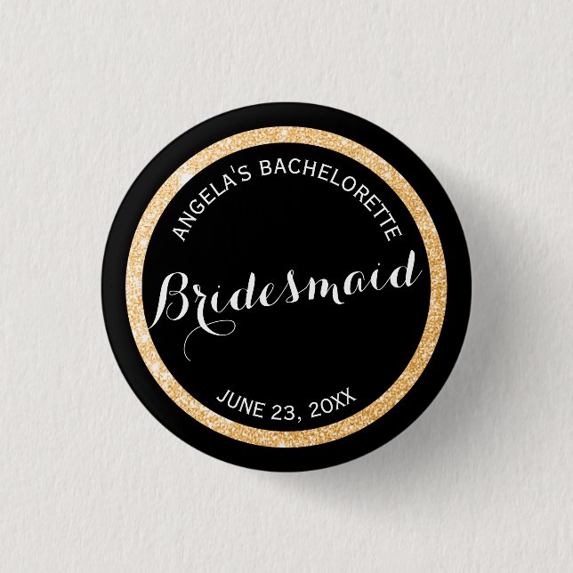 Black och Guld Glitter Bridesmaid Bachelorette Knapp (Framsida)