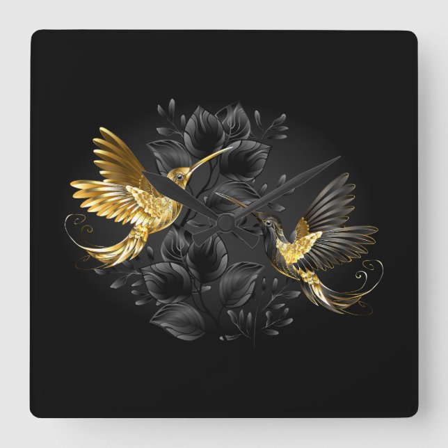 Black och Guld Hummingbird Fyrkantig Klocka (Framsida)