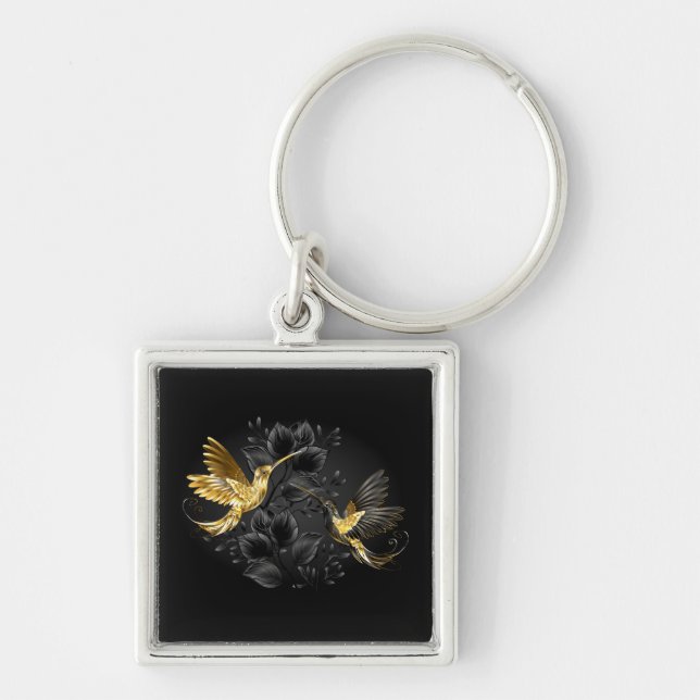 Black och Guld Hummingbird Fyrkantig Silverfärgad Nyckelring (Framsidan)