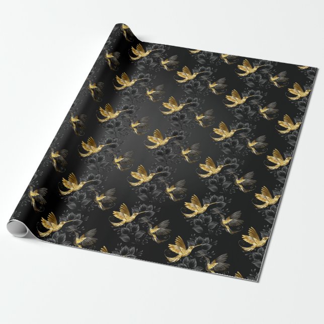 Black och Guld Hummingbird Presentpapper (Utrullad)