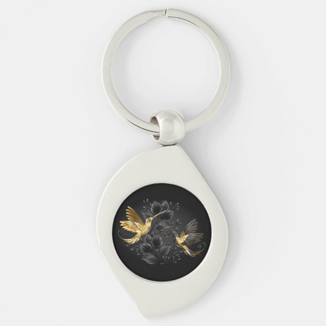 Black och Guld Hummingbird Swirl Silverfärgad Nyckelring (Framsidan)