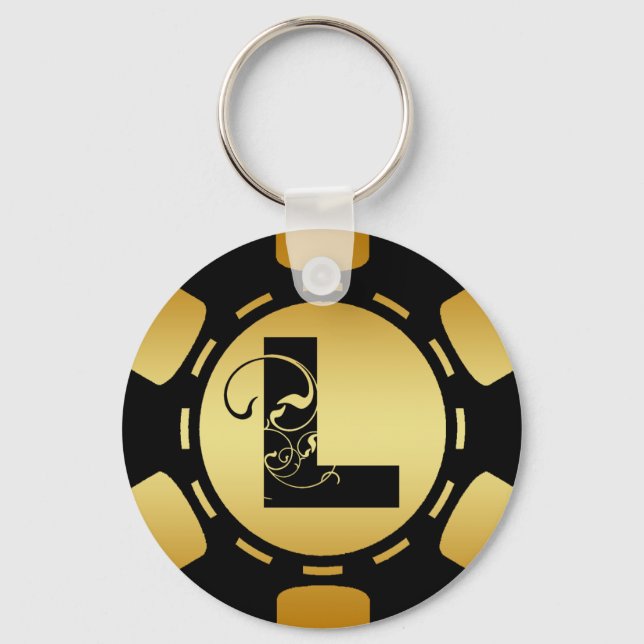 BLACK OCH GULD MONOGRAM BREV L POKER CHIP NYCKELRING (Framsida)