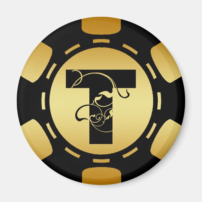 BLACK OCH GULD MONOGRAM BREV T POKER CHIP MAGNET (Framsidan)