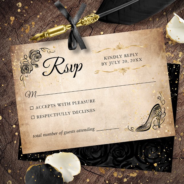 Black och Guld Princess Elegant bröllop OSA Kort (Create your own elegant black and gold RSVP card on an easy DIY template for your fairy tale event.)