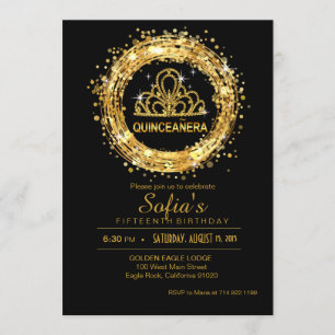 Black och Guld Quinceanera Glitter Tiara Inbjudningar