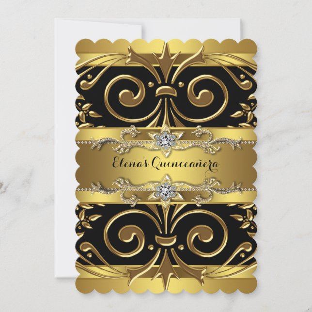 Black och Guld Quinceanera Inbjudningar (Framsida)