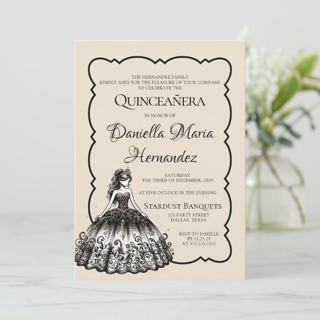 Black och Guld Quinceañera Inbjudningar (Stående Fram)