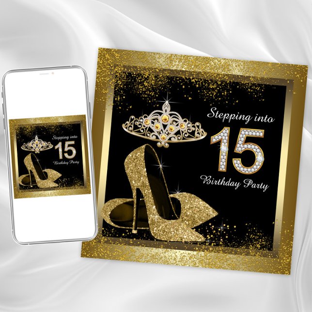 Black och Guld Quinceanera Inbjudningar (Quinceanera or any occasion invitation. Simply delete the 15 and add the text of your choice.)