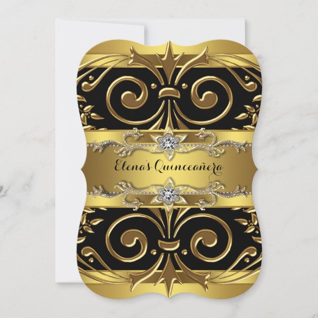 Black och Guld Quinceanera Inbjudningar (Framsida)