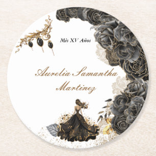 Black och Guld Quinceañera Sticker Underlägg Papper Rund