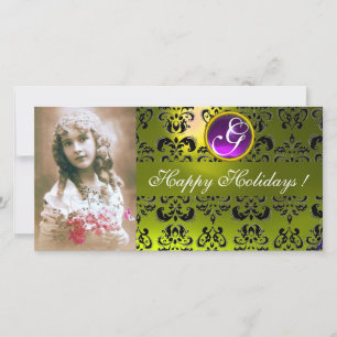 BLACK OCH GULT DAMASK Amethyst Monogram Julkort