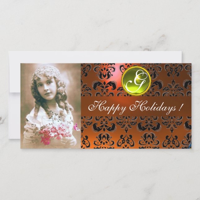 BLACK OCH ORANGE DAMASK Gult Topaz Monogram Julkort (Framsida)