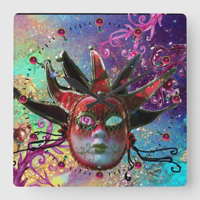 BLACK OCH RED JESTER MASK Blue MasqueraParty Fyrkantig Klocka (Framsida)