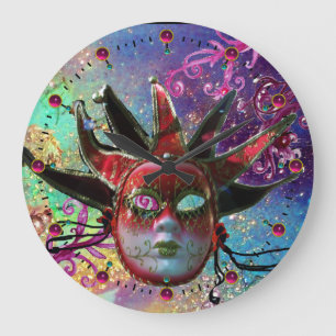 BLACK OCH RED JESTER MASK Blue MasqueraParty Stor Klocka