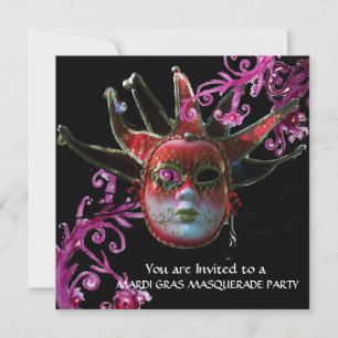 BLACK OCH RED JESTER MASK, Masqueraad Party Guld Inbjudningar