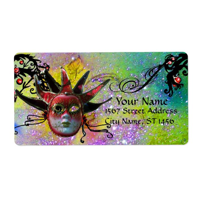 BLACK OCH RED JESTER MASK ,MasqueraParty Lila Fraktsedel (Framsidan)