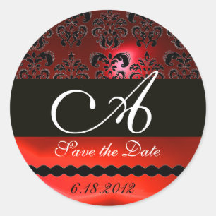 BLACK OCH RED RUBY DAMASK MONOGRAM RUNT KLISTERMÄRKE