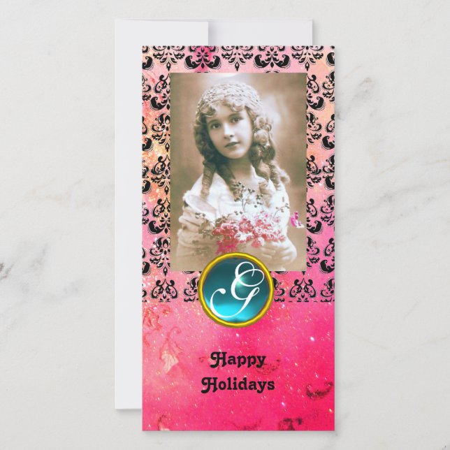 BLACK OCH ROSA DAMASK Blue Aquamarine Monogram Julkort (Framsida)