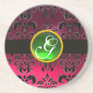 BLACK OCH ROSA DAMASK Grönt Emerald Monogram Underlägg Sandsten