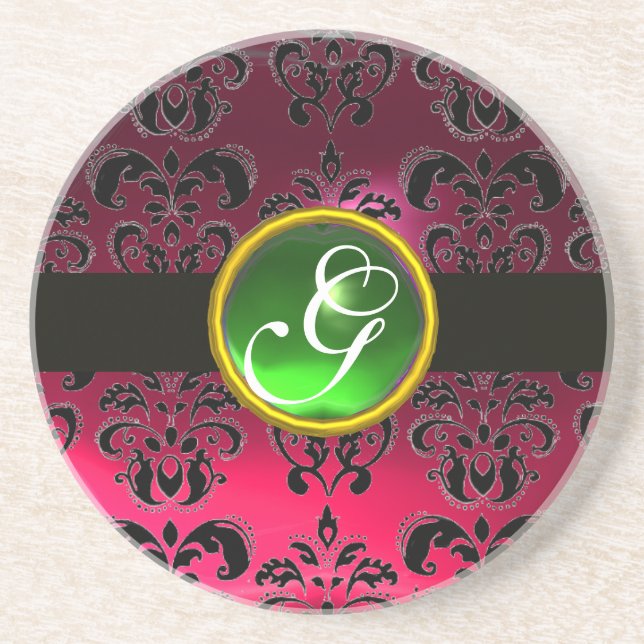 BLACK OCH ROSA DAMASK Grönt Emerald Monogram Underlägg Sandsten (Framsidan)
