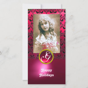 BLACK OCH ROSA DAMASK Red Ruby Monogram Julkort