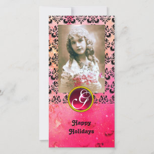 BLACK OCH ROSA DAMASK Red Ruby Monogram Julkort