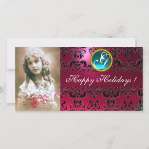 BLACK OCH ROSA DAMASK Sapphire Monogram Julkort