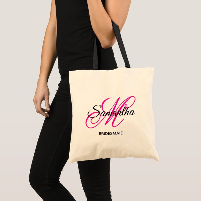 Black och Shock rosa Monogram Bridesmaid Tygkasse (Framsida (produkt))