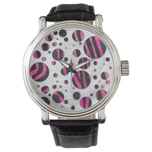 Black och Shock rosa Piloka Dot Zebra Armbandsur