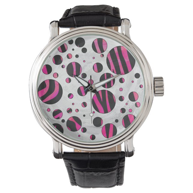 Black och Shock rosa Piloka Dot Zebra Armbandsur (Framsida)