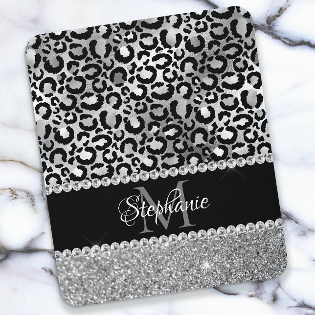 Black och Silver Leopard Girly Glam Monogram Musmatta (Skapare uppladdad)