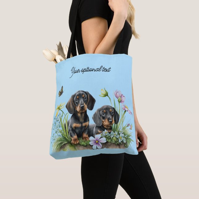 BLACK OCH TAN DACHSHUND PUPPIES TOTALT BAG TYGKASSE (Närbild)