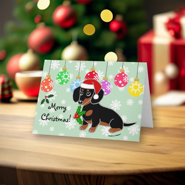 Black och Tan Dachshund Santa Helgkort (Black and Tan Dachshund Santa Design Christmas Cards for Dachshund Owners.  Cute Cartoon Style.)