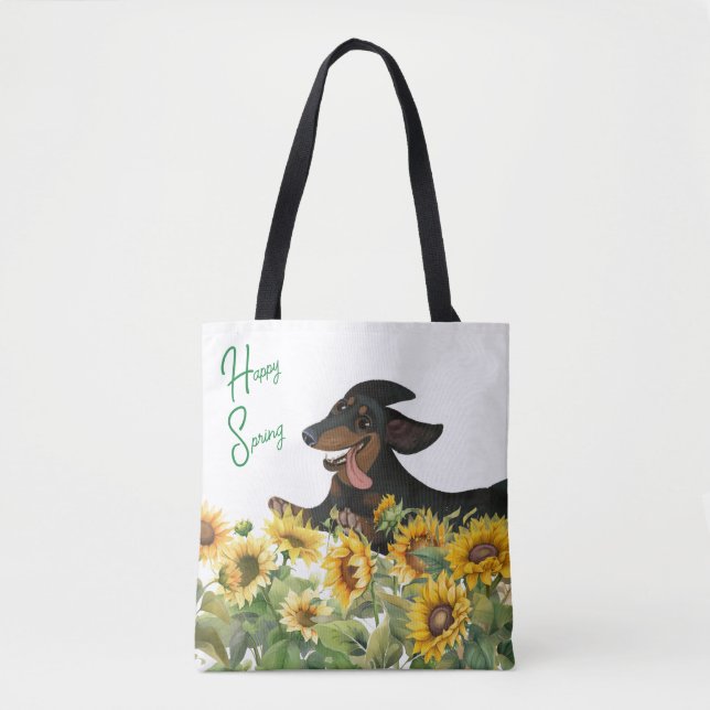 BLACK OCH TAN DACHSHUND SUNFLOWERS TOTE BAG TYGKASSE (Framsida)