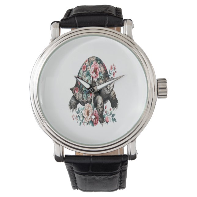 Bläck och Tvätta Turtle med Blommigt Snäcka. Armbandsur (Framsida)