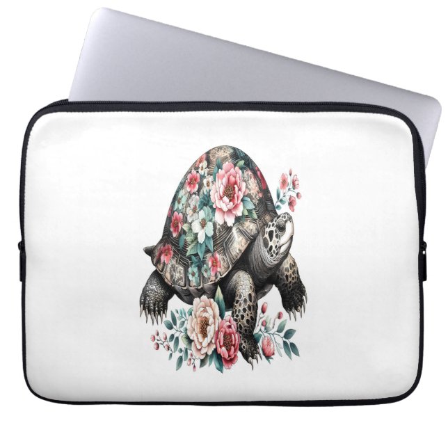 Bläck och Tvätta Turtle med Blommigt Snäcka. Laptop Fodral (Framsidan)