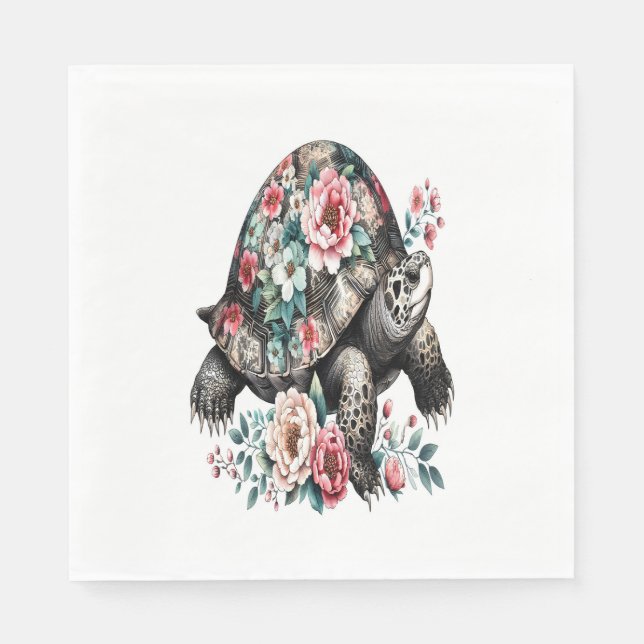 Bläck och Tvätta Turtle med Blommigt Snäcka. Pappersservett (Framsidan)