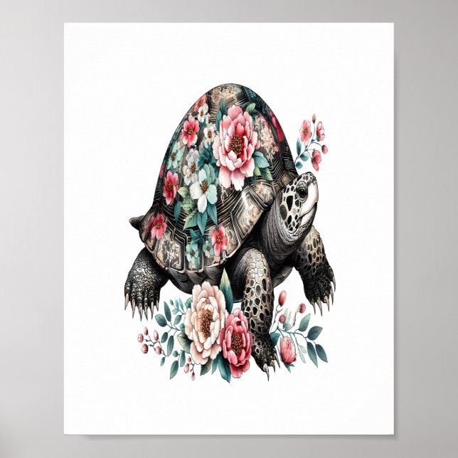 Bläck och Tvätta Turtle med Blommigt Snäcka. Poster (Framsidan)