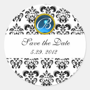 BLACK OCH WHITE DAMASK MONOGRAM Blue sapphire Runt Klistermärke