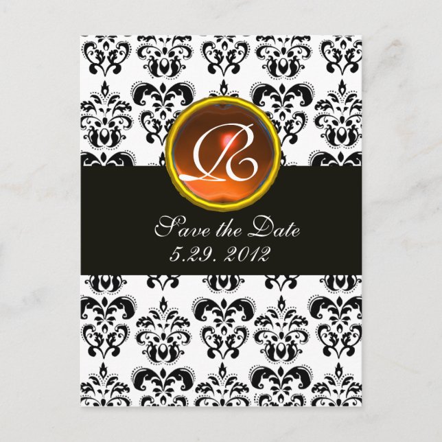 BLACK OCH WHITE DAMASK Orange Agate Monogram Meddelande Vykort (Framsida)