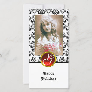 BLACK OCH WHITE DAMASK Red Ruby Monogram Julkort