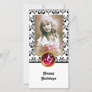 BLACK OCH WHITE DAMASK Red Ruby Monogram Julkort